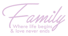 Load image into Gallery viewer, FAMILY WHERE LIFE BEGINS WALL DECAL IN LAVENDER