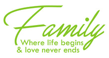 Load image into Gallery viewer, FAMILY WHERE LIFE BEGINS WALL DECAL IN LIME GREEN