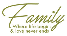 Load image into Gallery viewer, FAMILY WHERE LIFE BEGINS WALL DECAL IN OLIVE GREEN