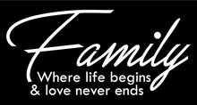 Load image into Gallery viewer, FAMILY WHERE LIFE BEGINS WALL DECAL IN WHITE