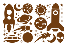 Load image into Gallery viewer, ROCKETS & PLANETS WALL DECALS IN BROWN