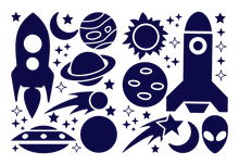 Load image into Gallery viewer, ROCKETS & PLANETS WALL DECALS IN NAVY BLUE