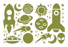 Load image into Gallery viewer, ROCKETS & PLANETS WALL DECALS IN OLIVE GREEN