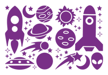 Load image into Gallery viewer, ROCKETS & PLANETS WALL DECALS IN PURPLE