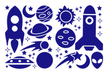 Load image into Gallery viewer, ROCKETS & PLANETS WALL DECALS IN ROYAL BLUE