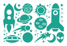 Load image into Gallery viewer, ROCKETS & PLANETS WALL DECALS IN TURQUOISE