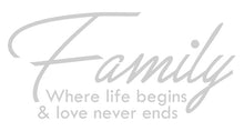 Load image into Gallery viewer, FAMILY WHERE LIFE BEGINS WALL DECAL IN SILVER
