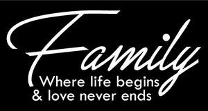 FAMILY WHERE LIFE BEGINS WALL DECAL IN WHITE